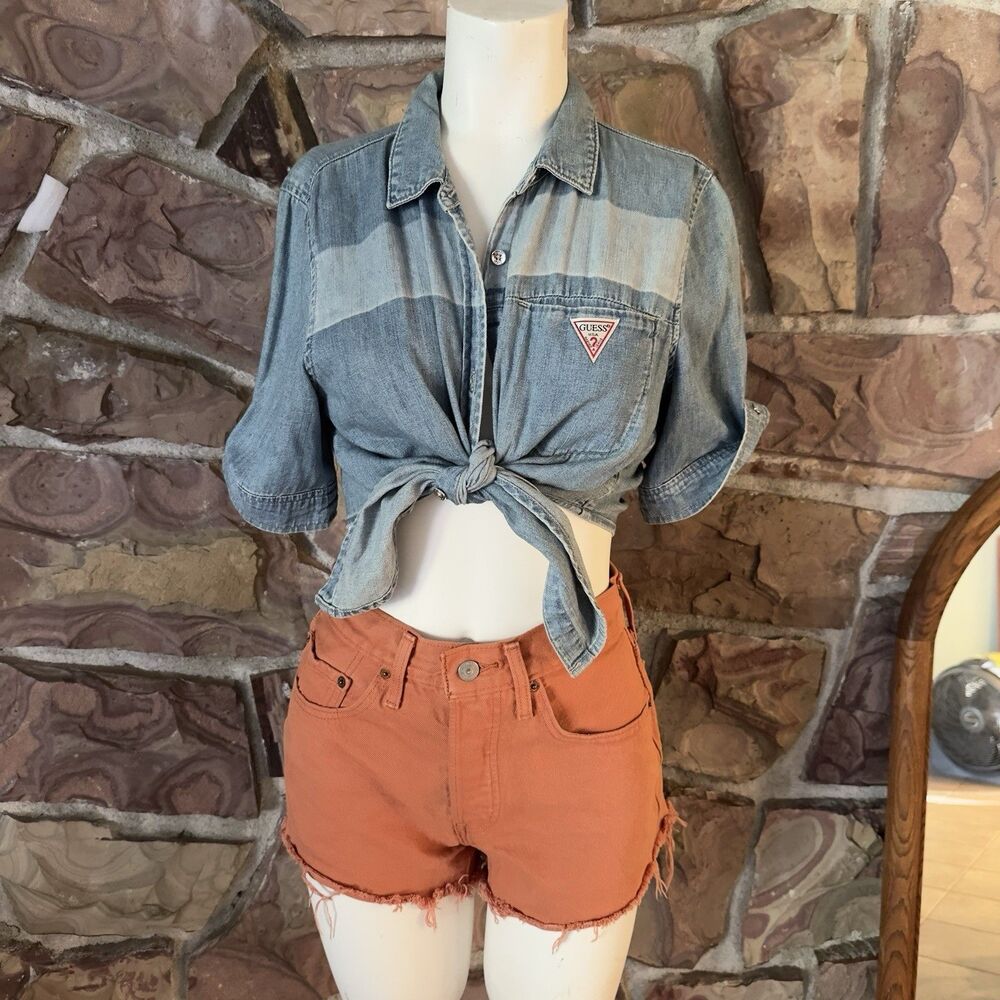 Vtg 90s Guess Jeans Cropped Denim Shirt Jacket Top Medium M  Wash Button Up